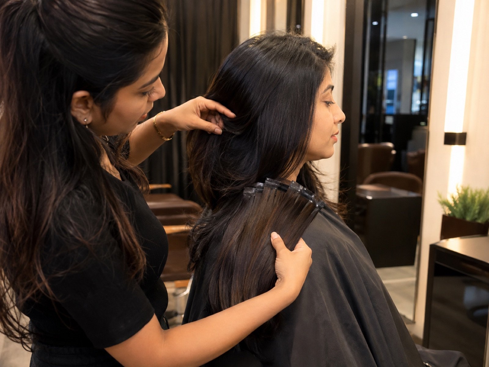 Indian extension specialist assessing hair density and matching 6D and 3D extension lengths