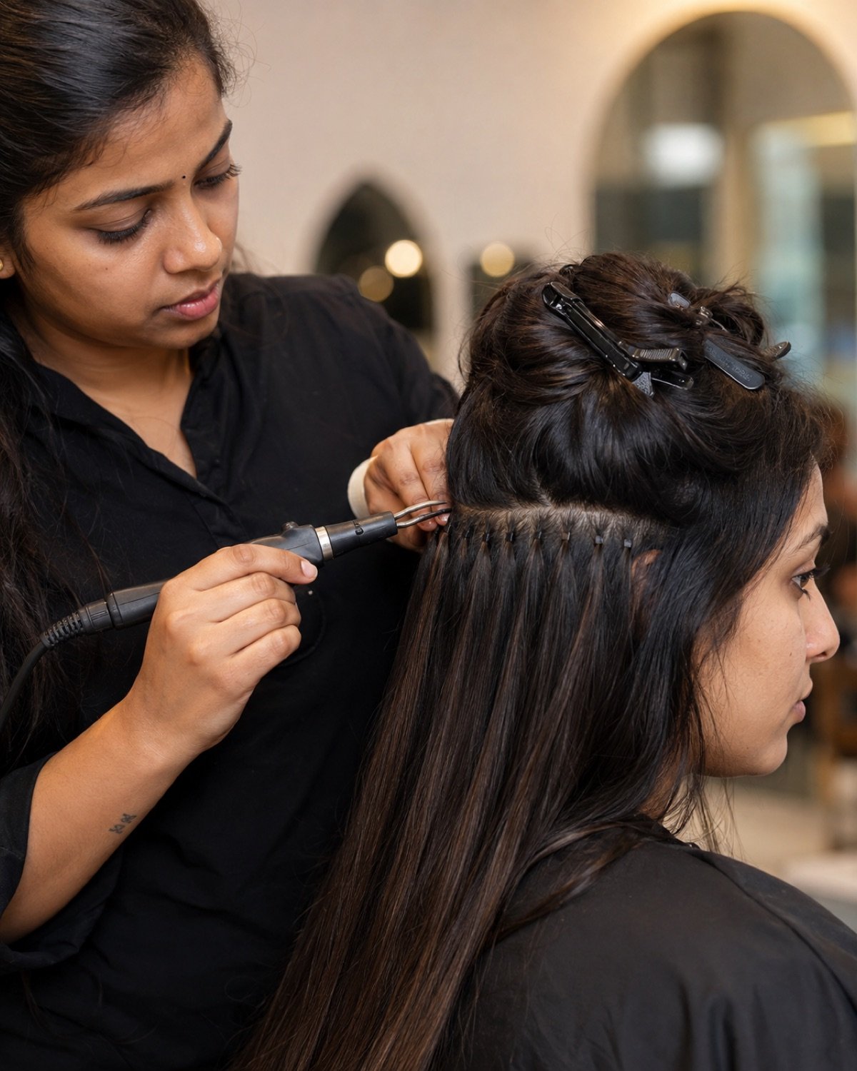 6D and 3D extension fusion, density balancing and natural blending on Indian hair