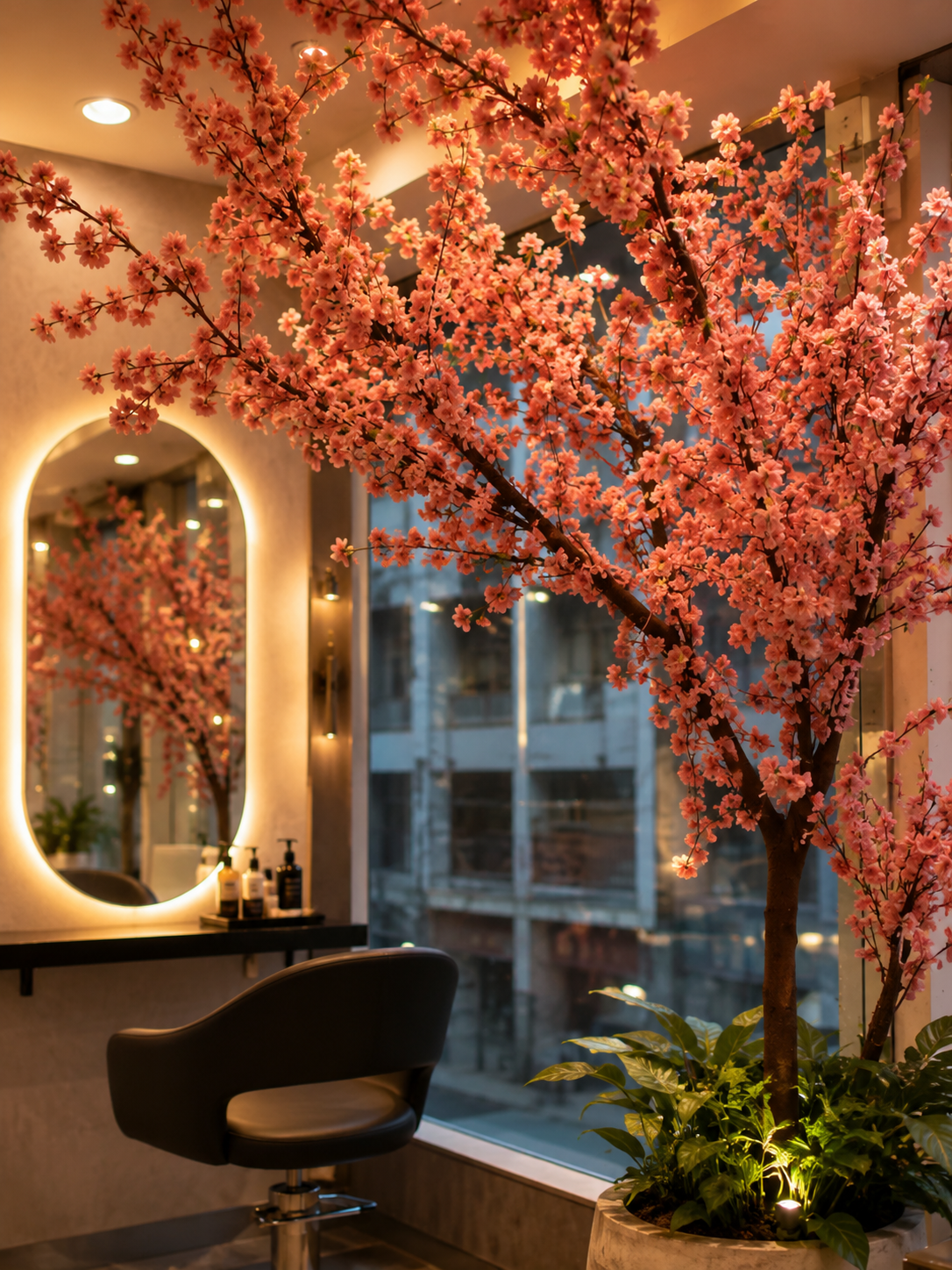 Cherry blossom tree inside Plum & Sugar salon — warm light, oval mirror