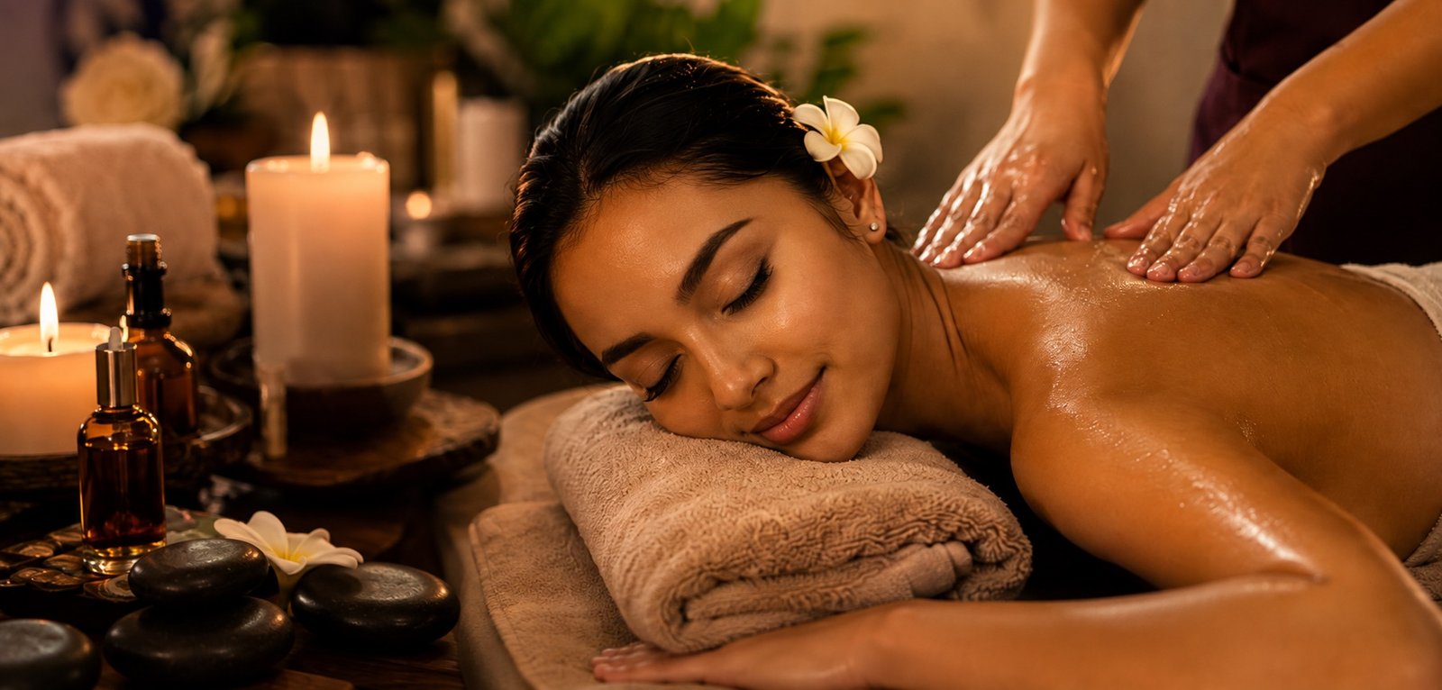 A candlelit aromatherapy massage with warm oils being worked across the back at Plum & Sugar