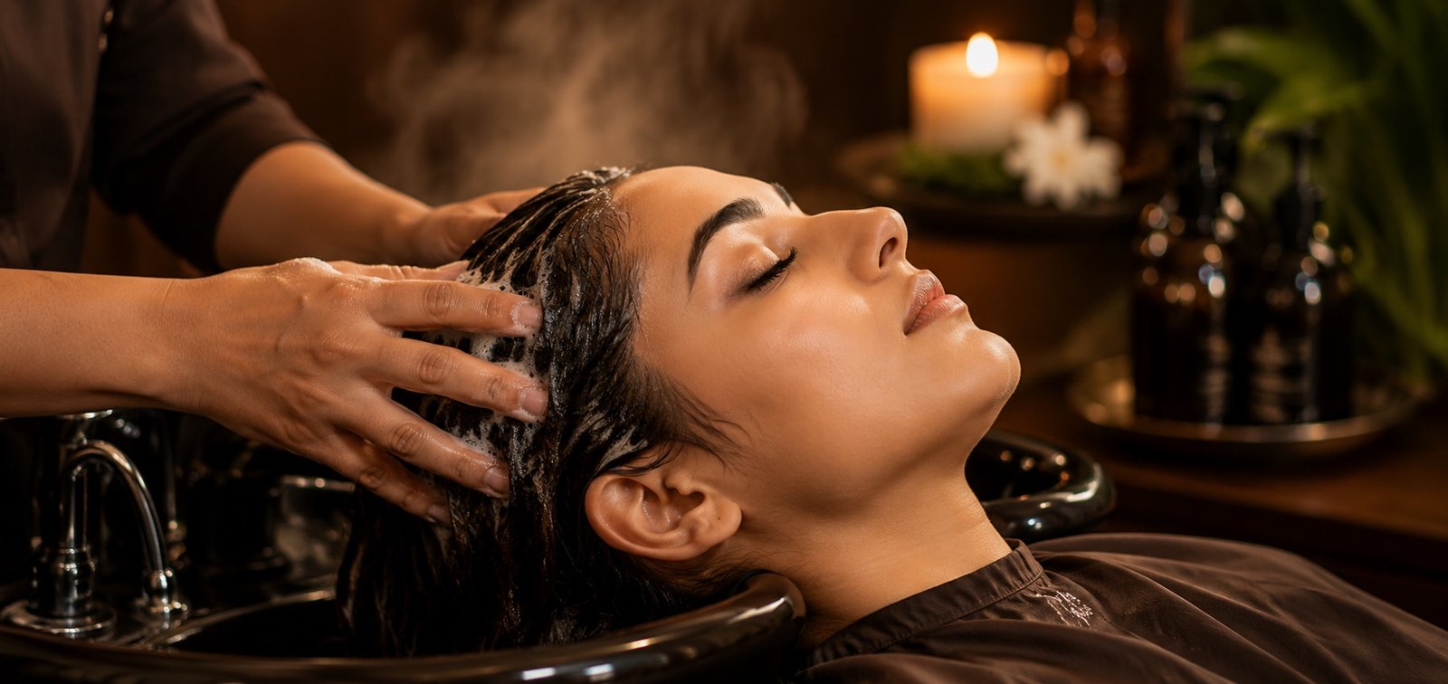A therapist massaging shampoo through a client's hair at the wash basin, candlelight in the background, at Plum & Sugar
