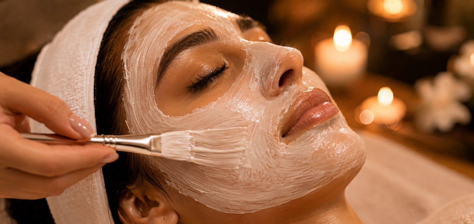 A therapist brush-applying a brightening bleach cream to a client's face at Plum & Sugar