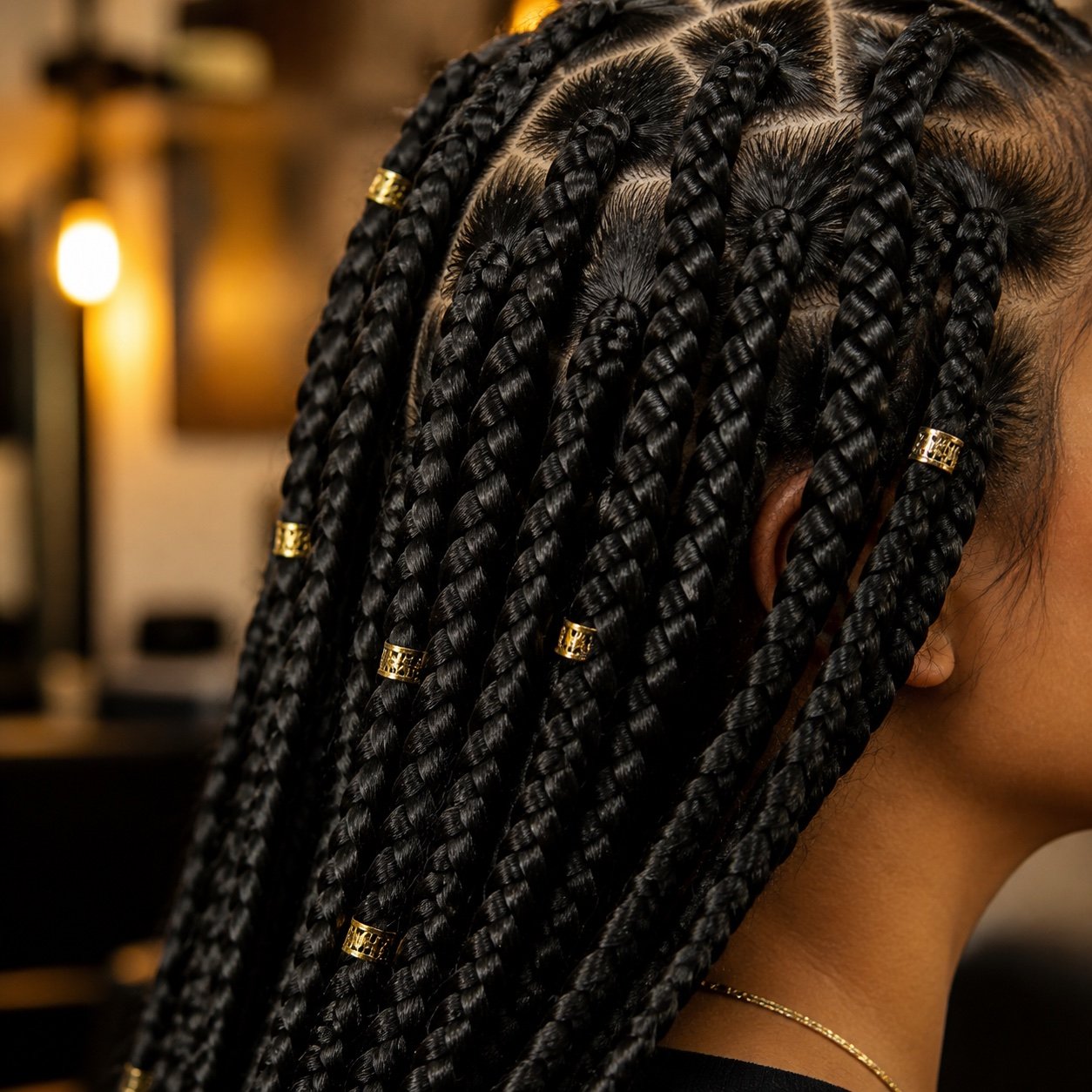Close detail of finished protective braids on Indian hair