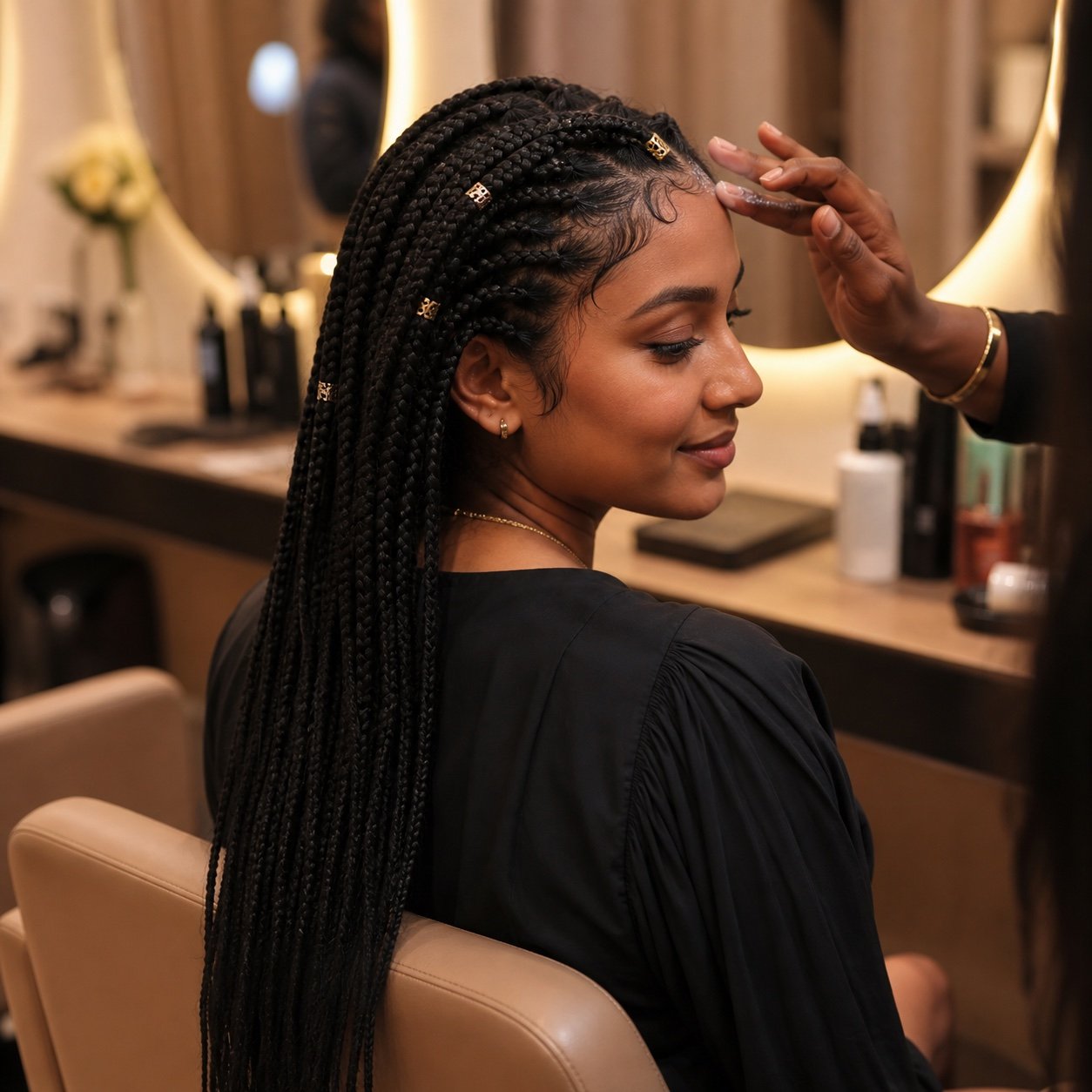 Finished box braids on an Indian client in a warm salon setting
