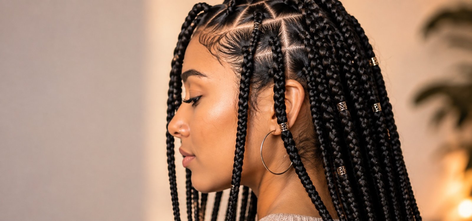 Close-up profile of freshly finished knotless box braids with beaded accents at Plum & Sugar