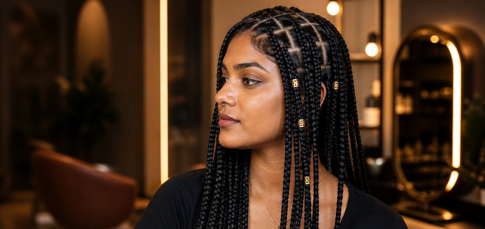 Indian client with medium-brown skin wearing neat box braids with gold cuffs at Plum & Sugar