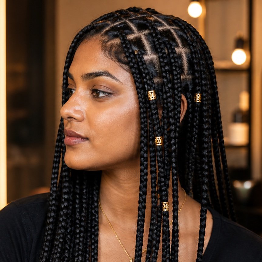 Indian woman with neatly sectioned protective braids in a salon