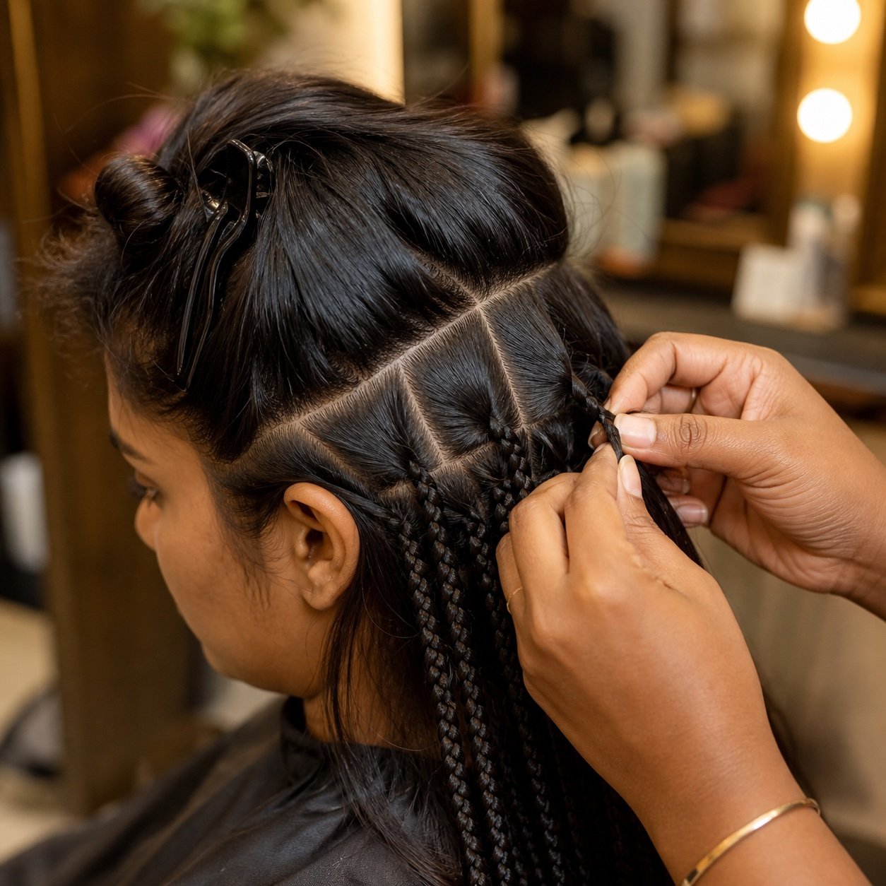 Clean box-braid sectioning being created on Indian hair