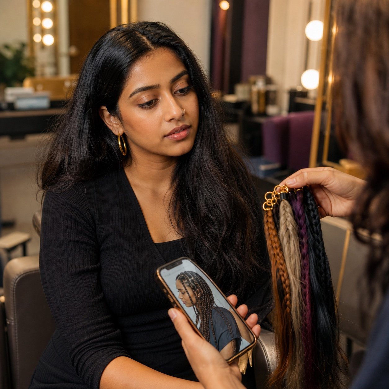 Indian client discussing braid style options before braiding