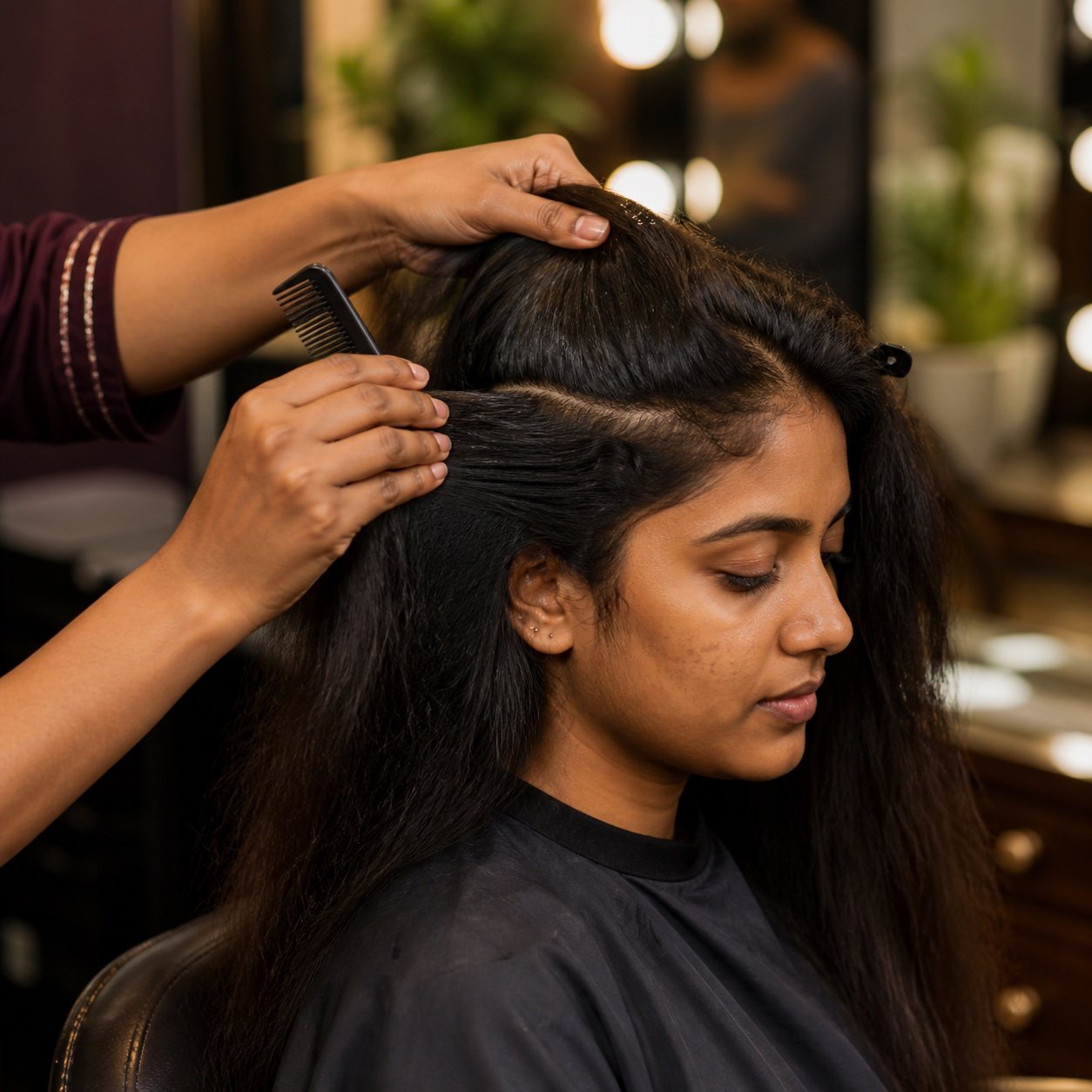 Indian client hair being gently detangled before braiding