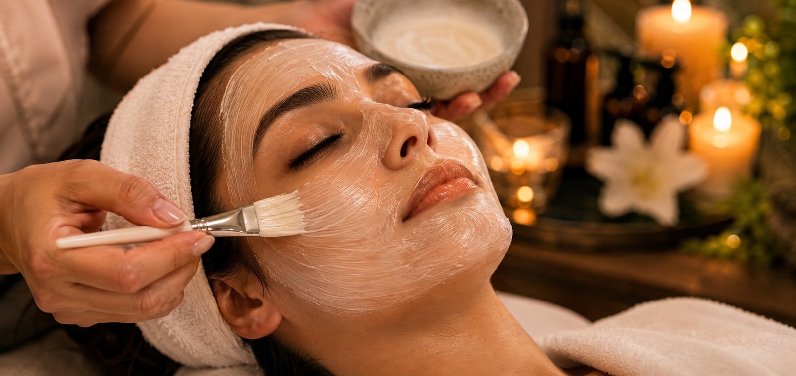 A therapist brush-applying a facial mask by candlelight during a classic facial at Plum & Sugar