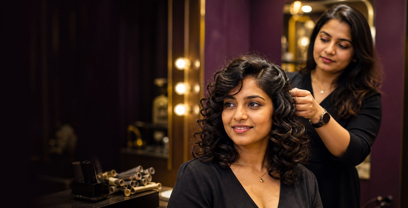 Indian client with defined classic cold perm curls in a premium salon
