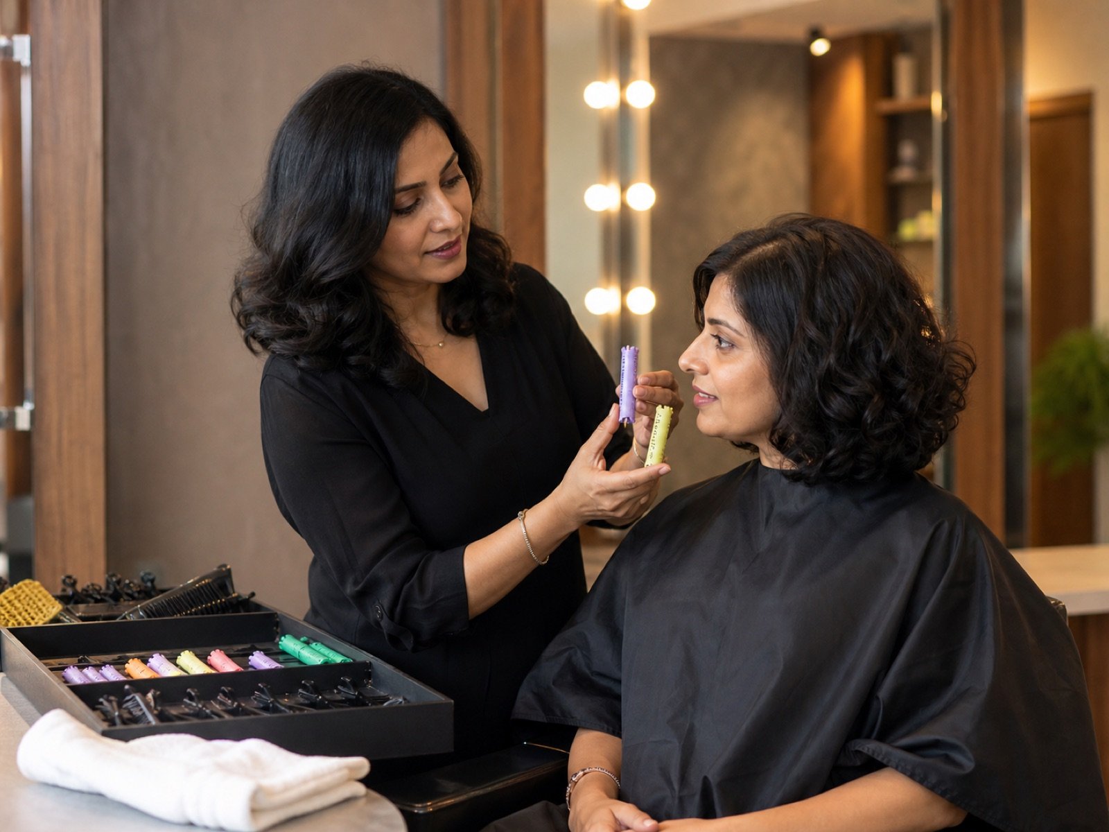 Indian stylist selecting classic cold perm rods with a client