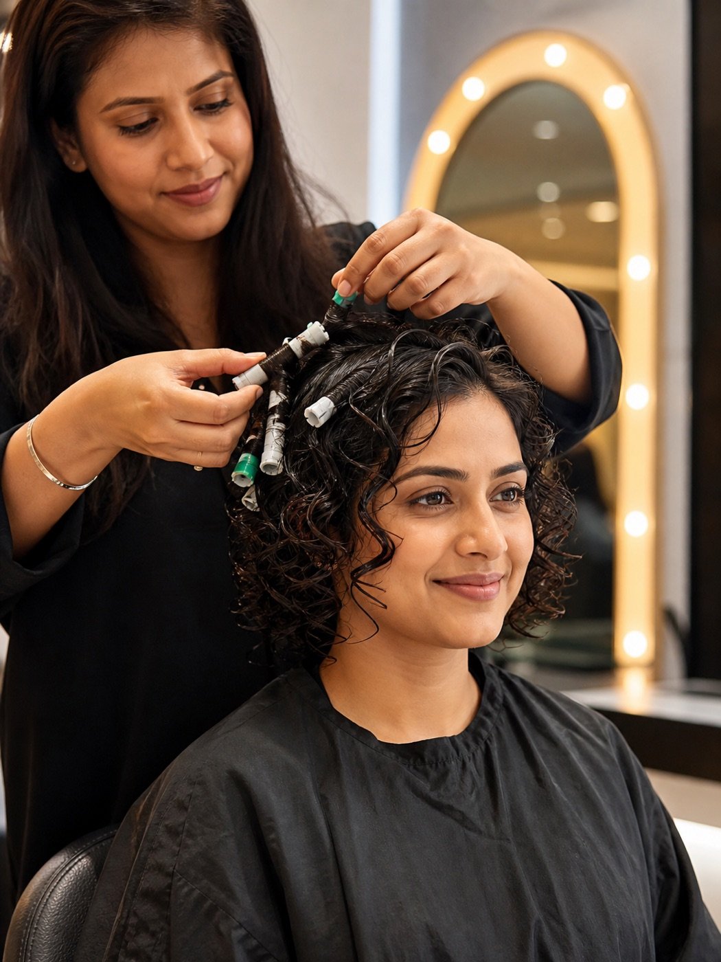 Indian stylist removing cold perm rods to reveal defined curls