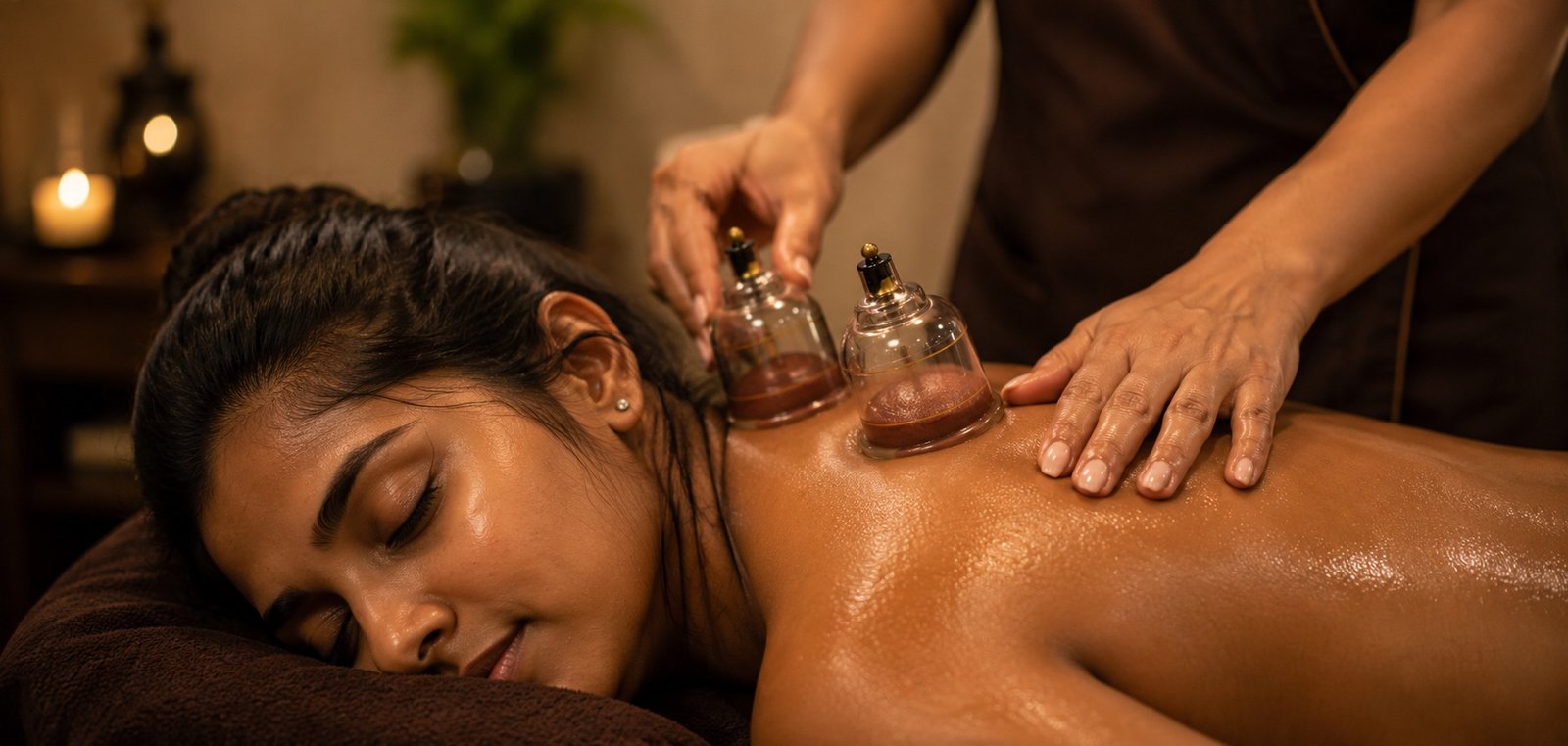 A therapist placing glass cupping vessels on a client's upper back and shoulder at Plum & Sugar