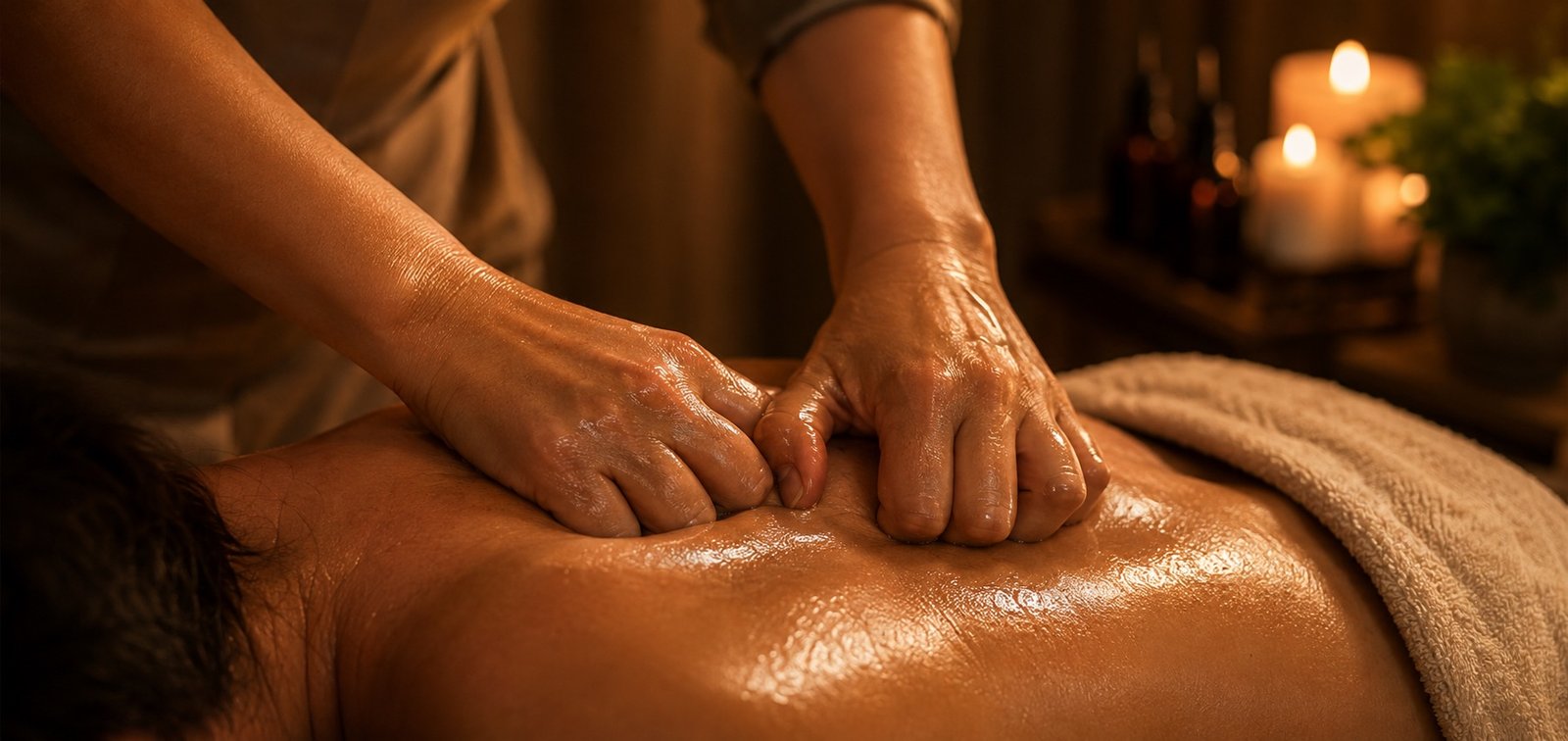 A therapist working deep thumb pressure into a client's upper back at Plum & Sugar