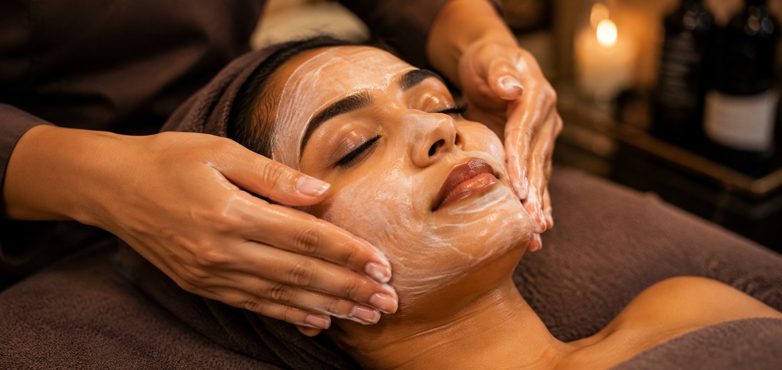 Therapist gently massaging a brightening detan treatment into a client's face at Plum & Sugar