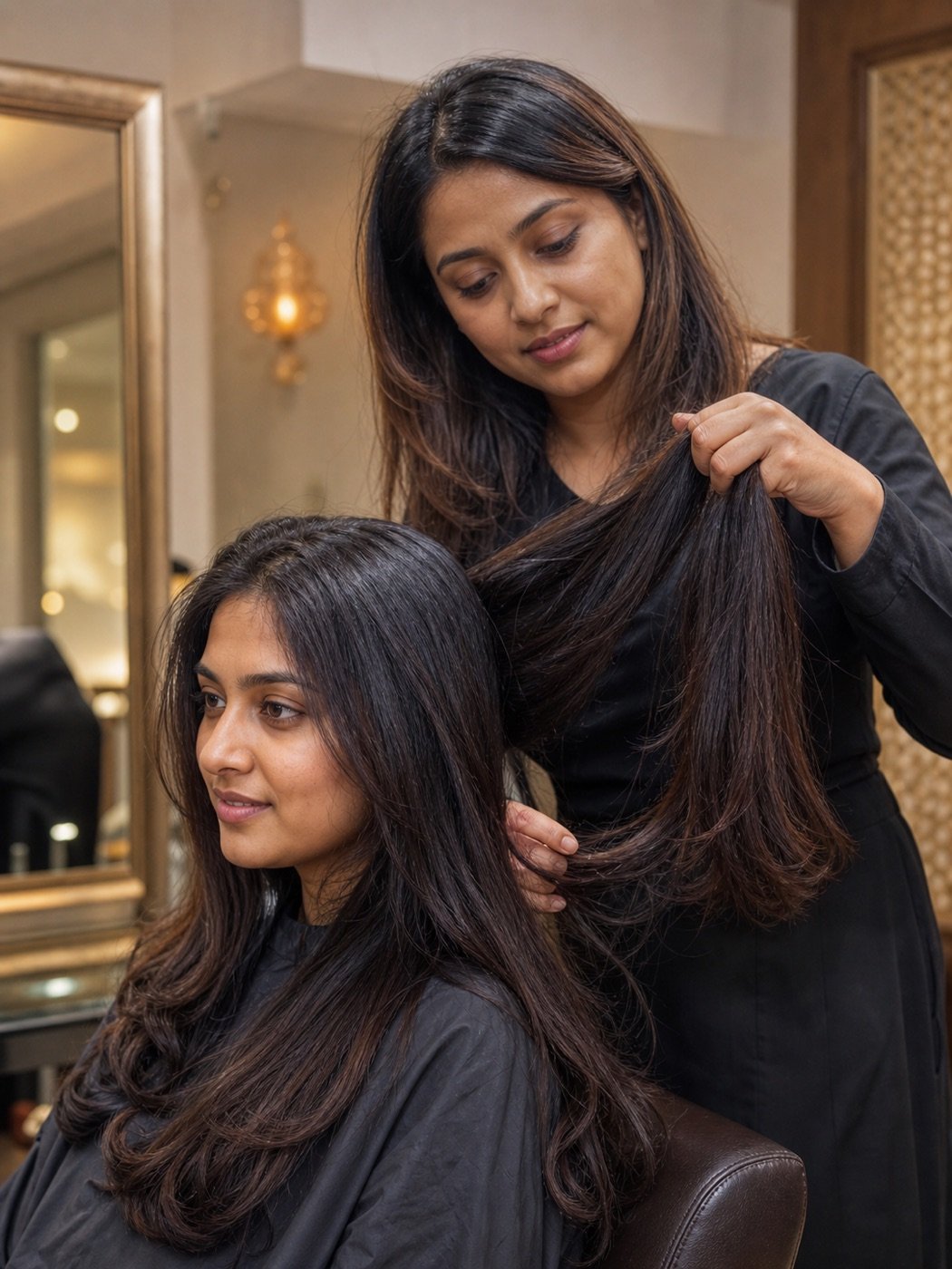 Indian stylist checking hair condition before a digital perm