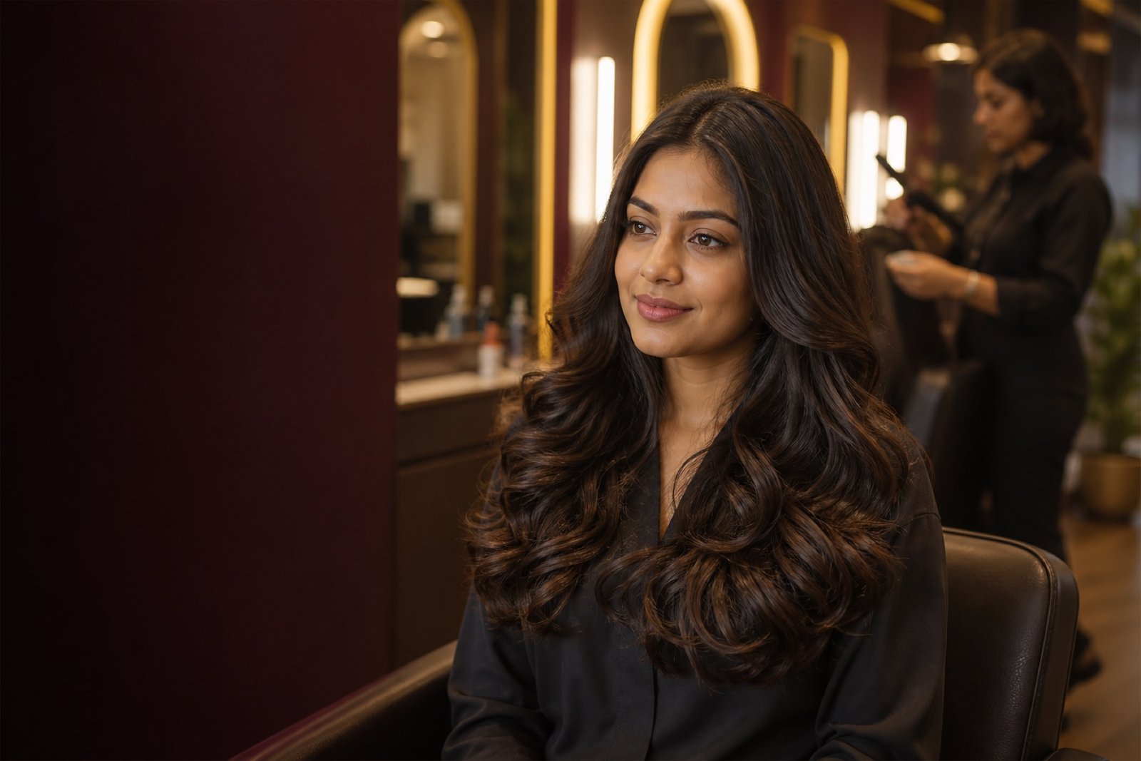 Indian client with soft bouncy digital perm curls in a premium salon