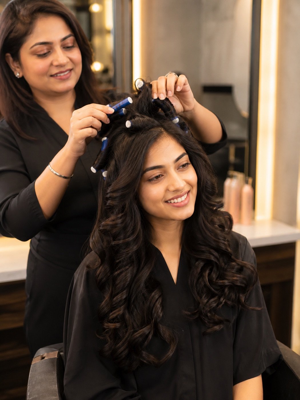 Indian stylist revealing soft curls after digital perm rods are removed