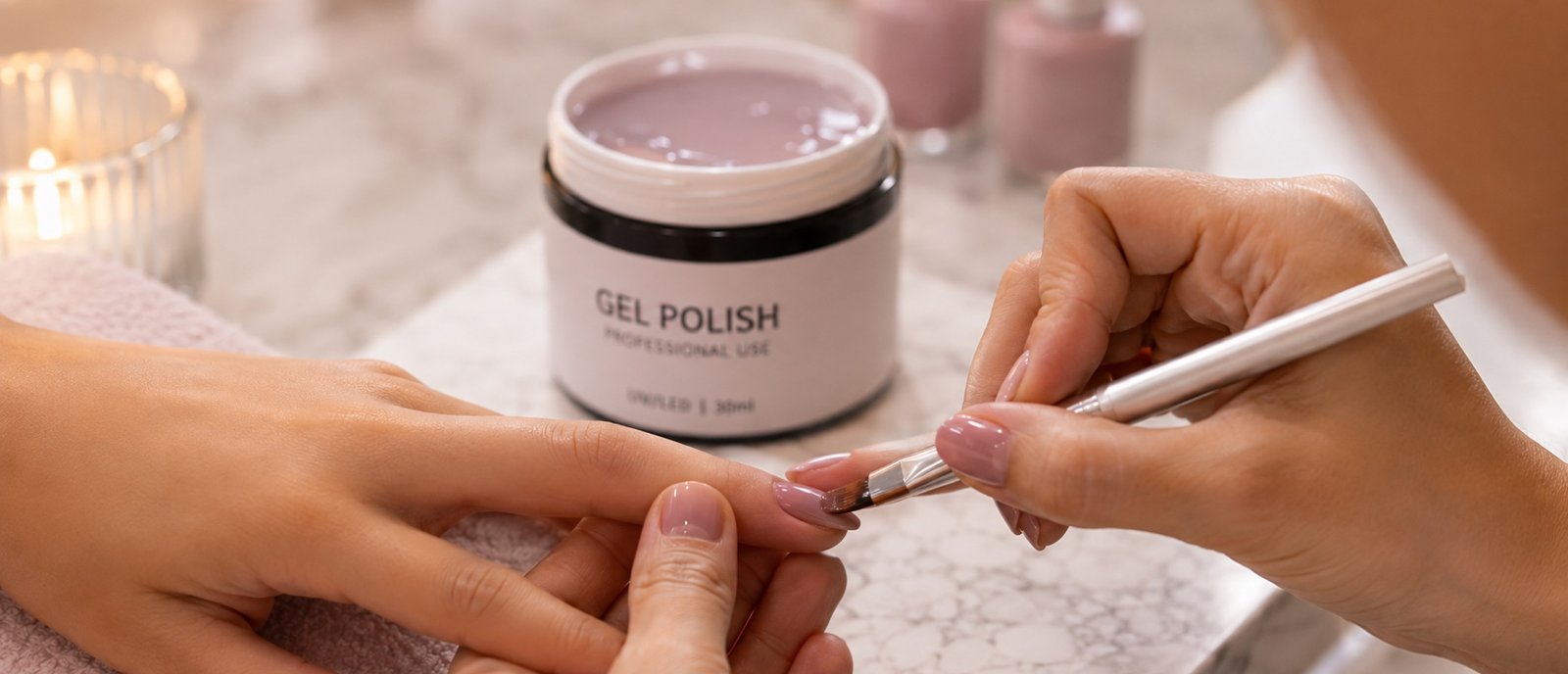 A Plum & Sugar nail technician applying gel polish to a client's nails at HSR Layout
