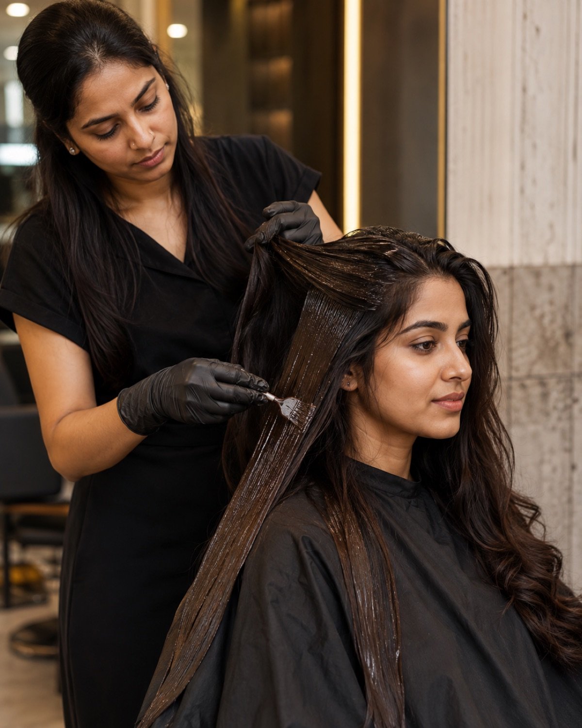 Global colour applied from roots through lengths on Indian hair