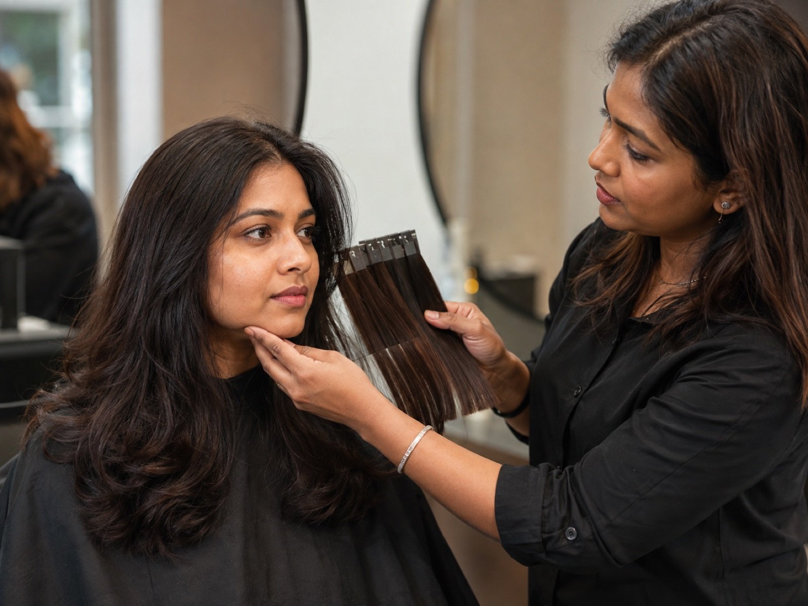 Indian colourist matching rich brunette shades to an Indian client's complexion and hair