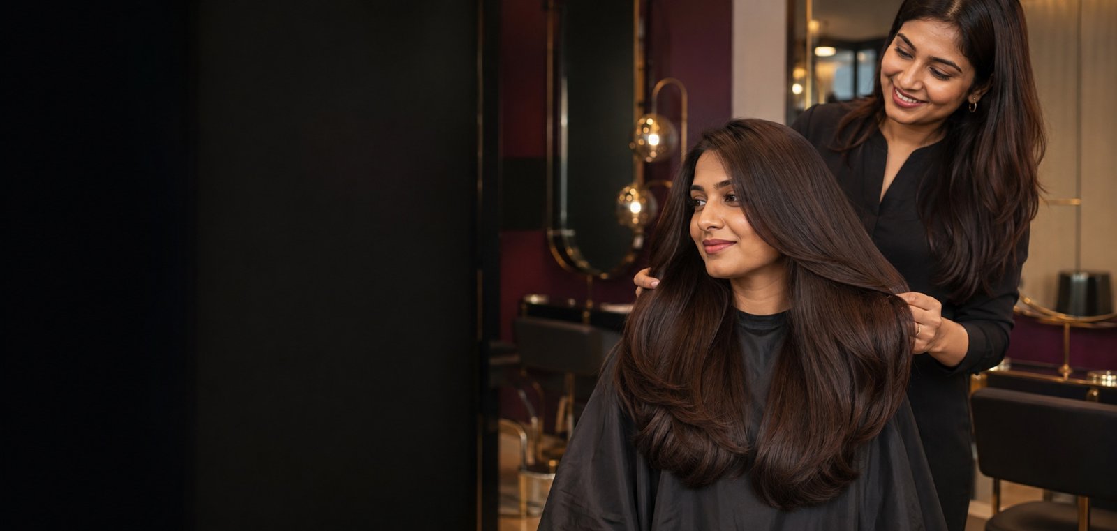 Indian client with glossy, uniform deep-chocolate global colour from roots to ends