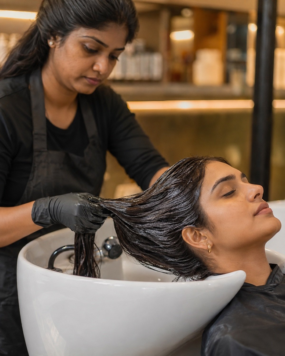 Global colour and gloss rinsed through long Indian hair