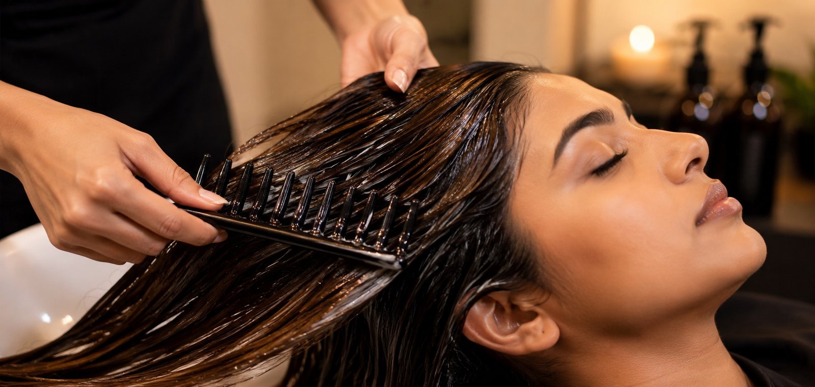 A stylist wide-tooth combing a client's hair through treatment product at the wash basin at Plum & Sugar