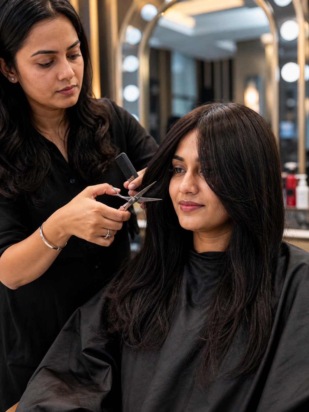 Indian stylist cutting and shaping a wig around the client's face