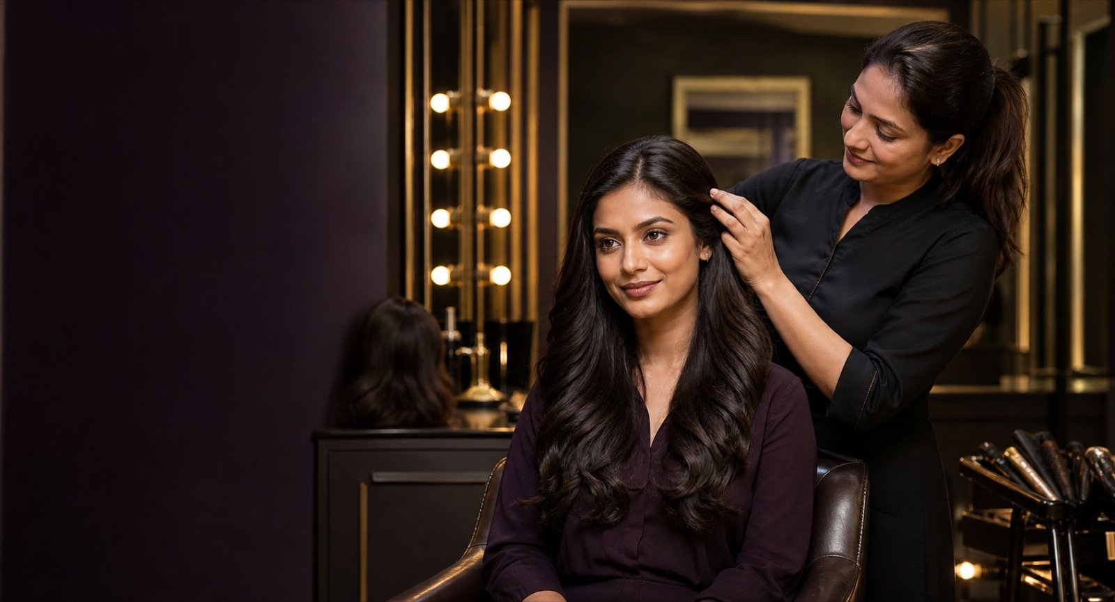 Indian client with a natural-looking styled wig during a private salon fitting