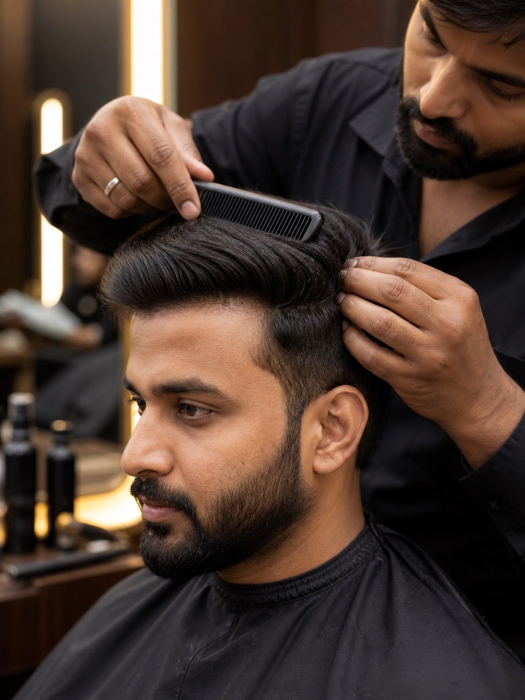 Stylist blending a men's hair replacement system into a client's natural hairline at Plum & Sugar