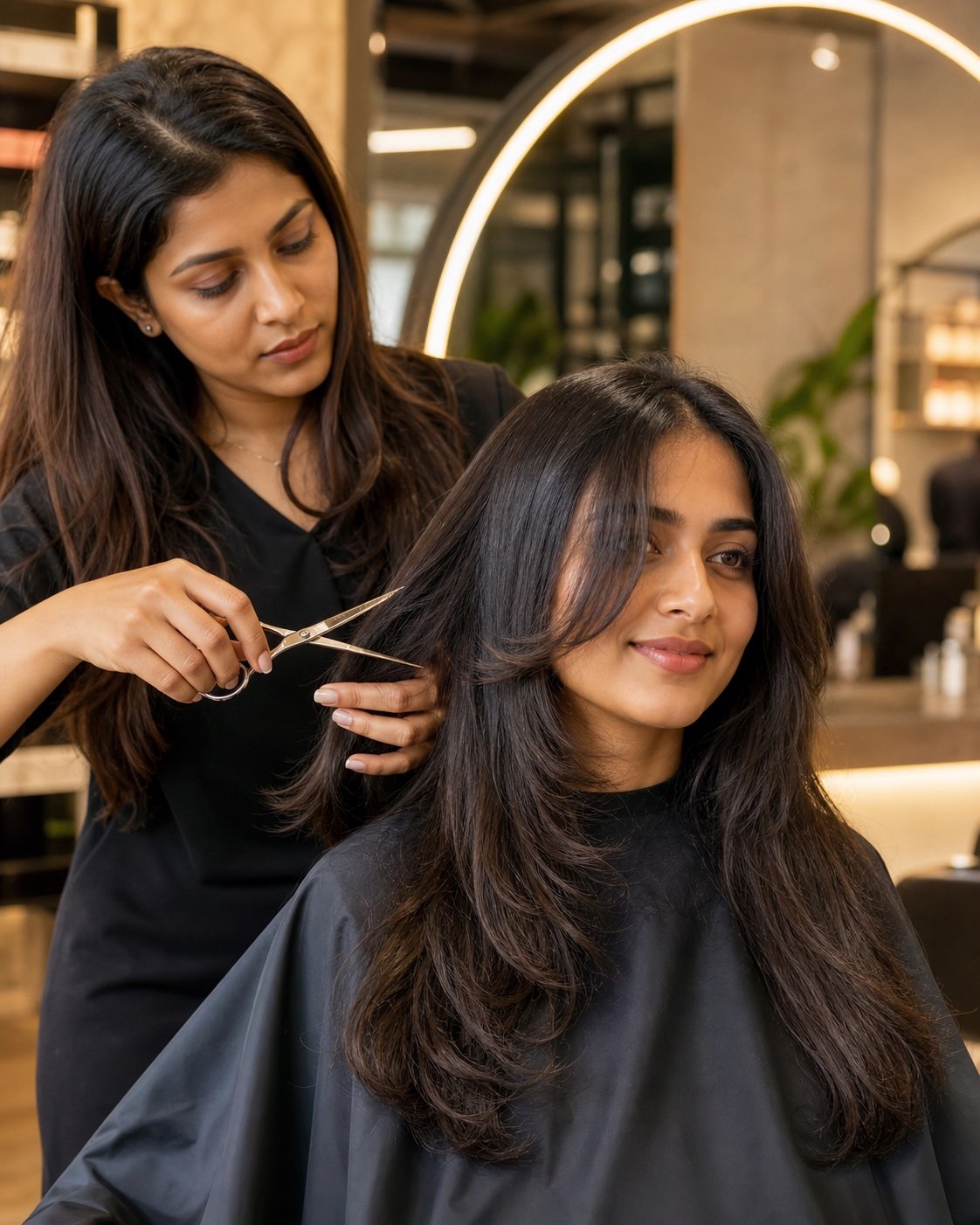 Precision scissor cutting for face-framing layers at Plum & Sugar