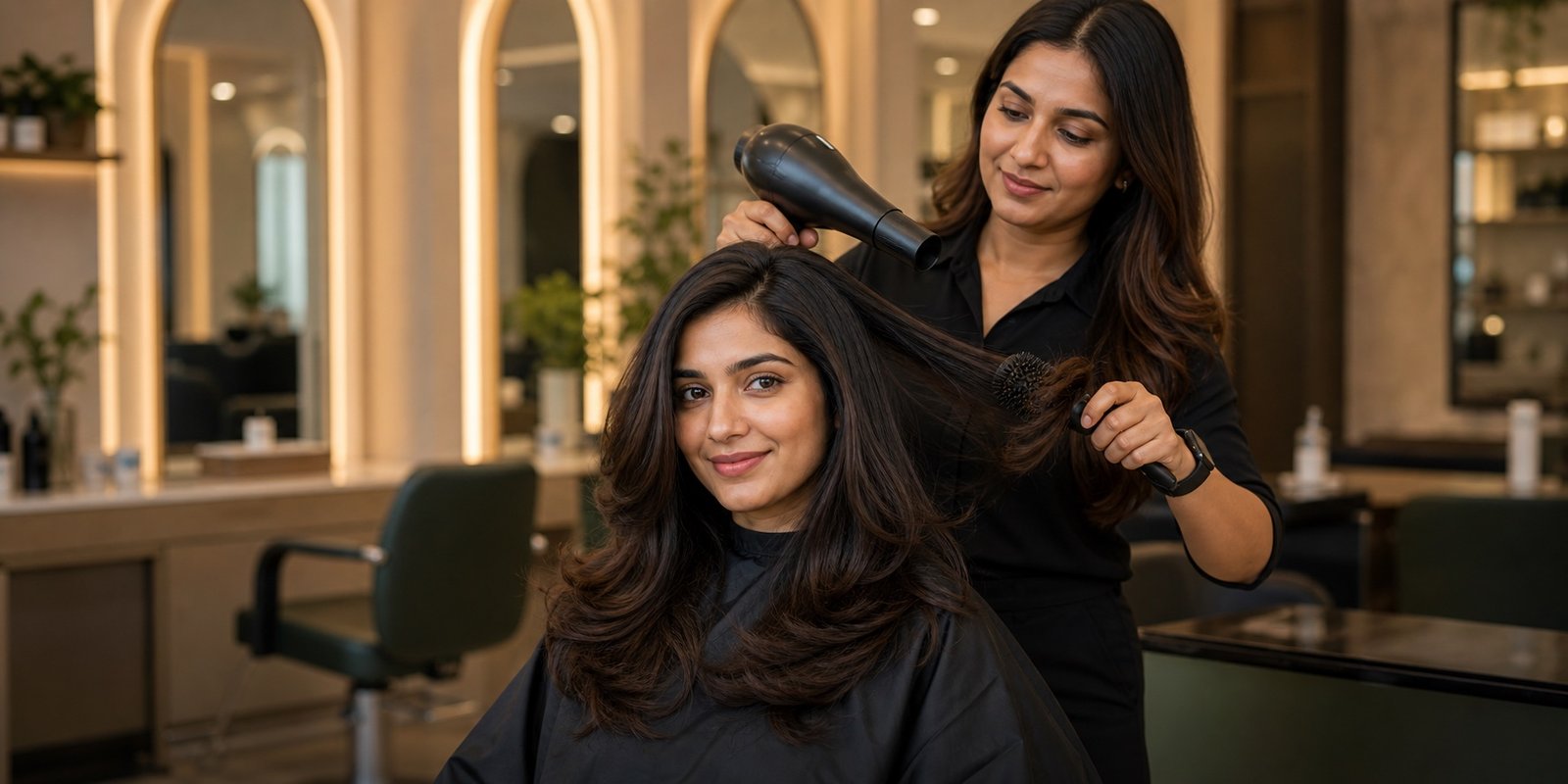Indian client getting a layered haircut and blow-dry at Plum & Sugar JP Nagar