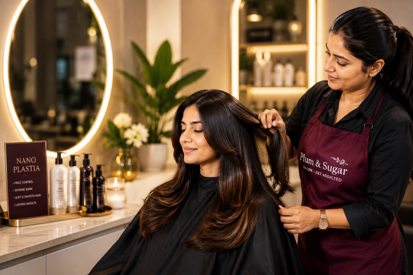 A Plum & Sugar stylist finishing a client's haircut at the styling station