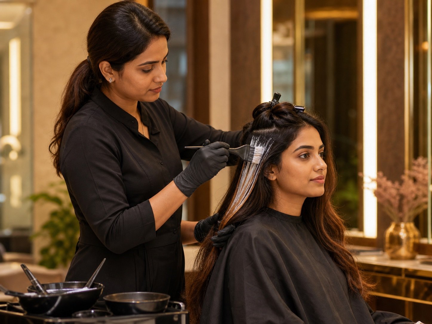 Balayage color service on Indian hair