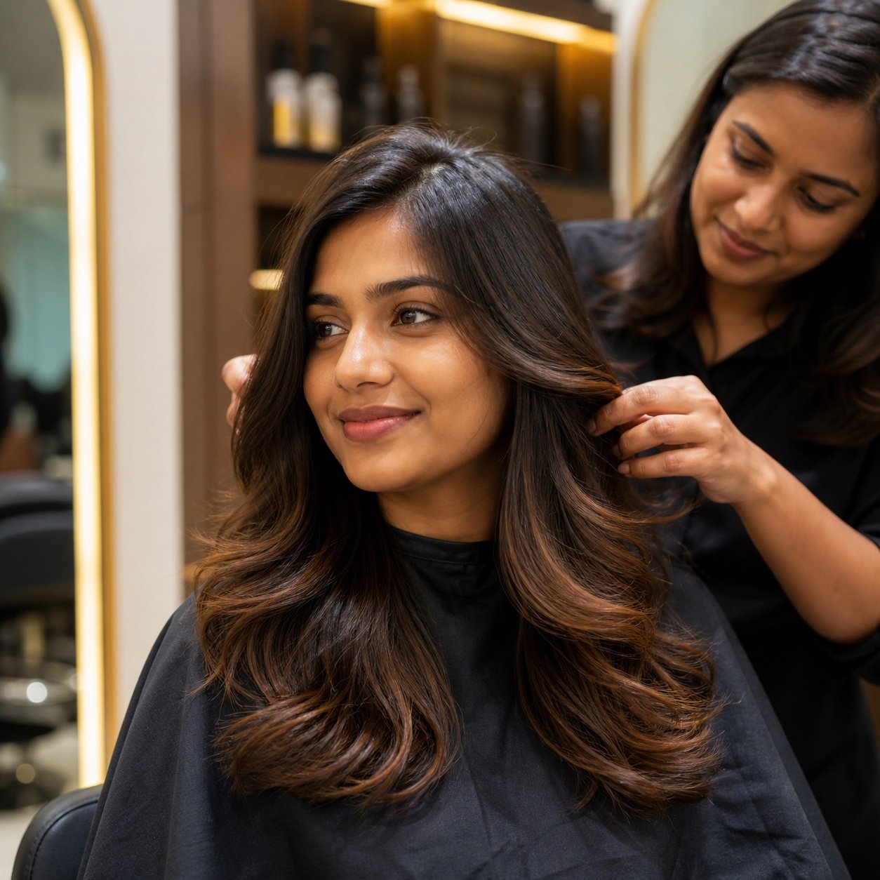 Indian client showing a finished caramel balayage result at Plum & Sugar HSR Layout