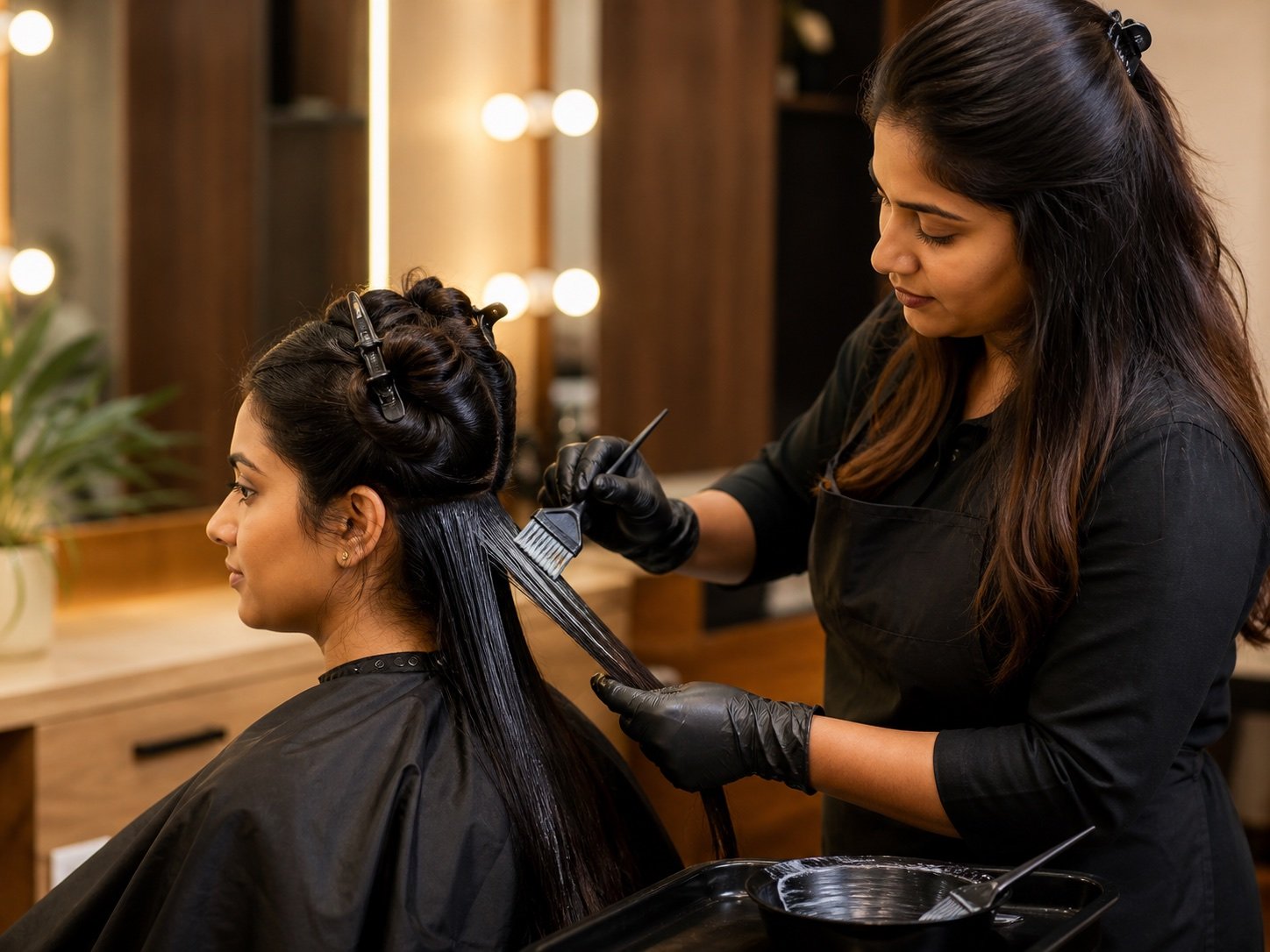 Indian stylist applying Hair Botox smoothing treatment at Plum & Sugar HSR Layout