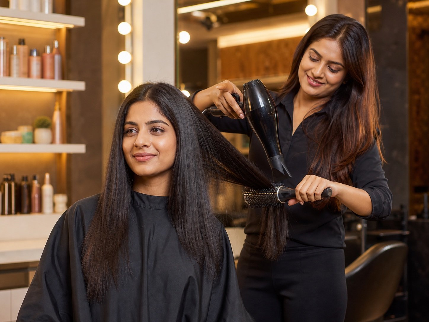 Indian client during final blow-dry after Hair Botox at Plum & Sugar HSR Layout