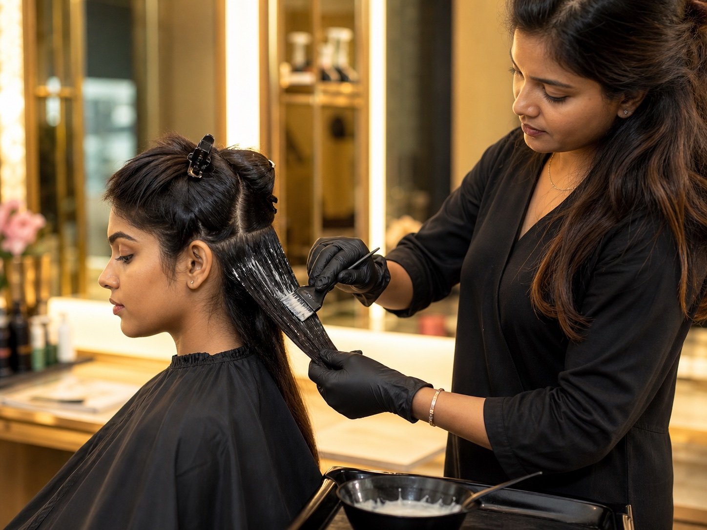 Indian stylist applying Nano Plastia treatment at Plum & Sugar HSR Layout
