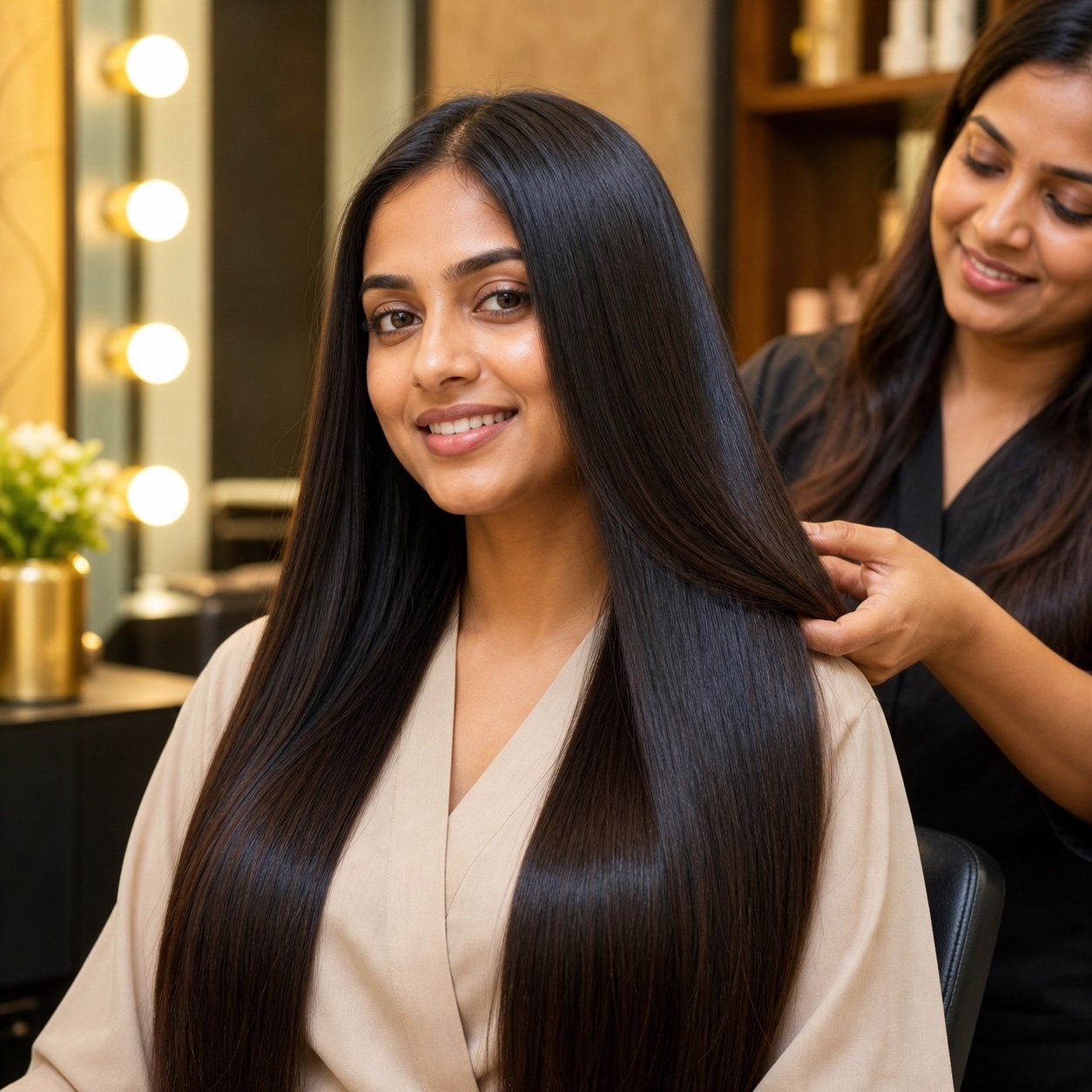 Indian client showing sleek Nano Plastia hair results at Plum & Sugar HSR Layout