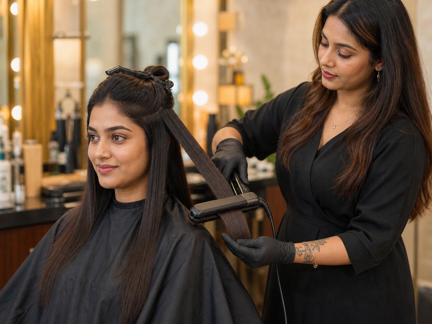 Indian stylist heat-sealing Nano Plastia treatment at Plum & Sugar HSR Layout