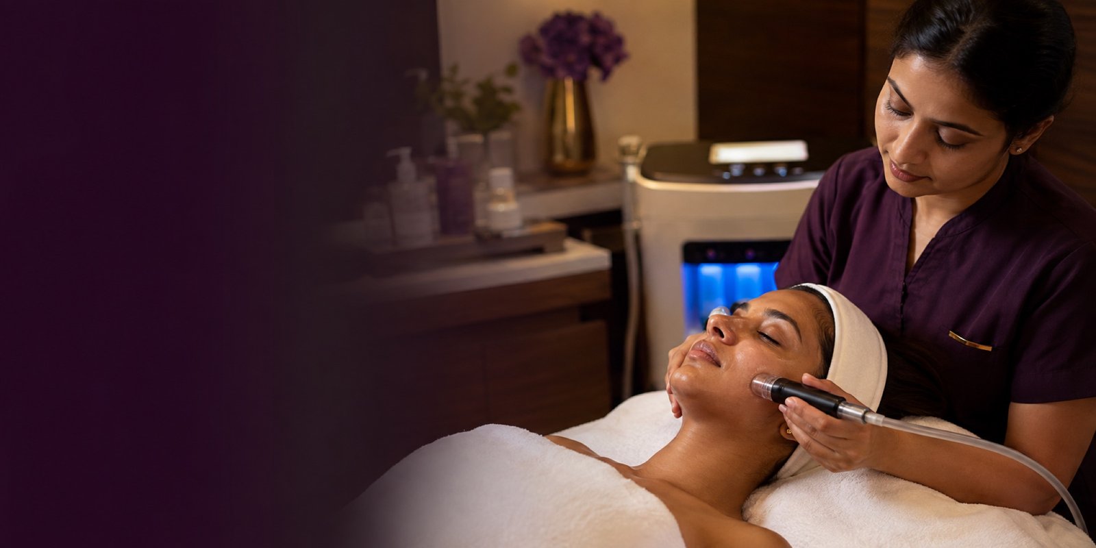 Indian client receiving a machine-assisted hydrating facial treatment