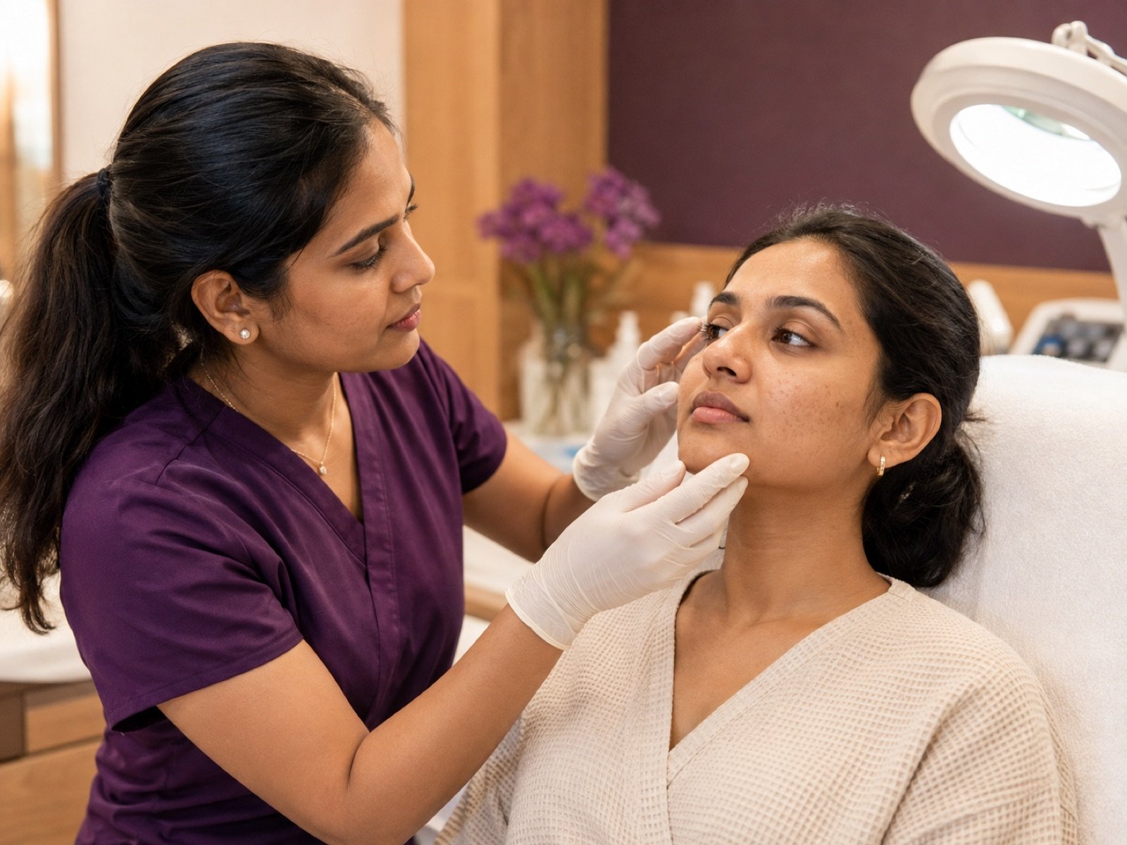 Indian aesthetician assessing natural skin texture before a hydrating facial