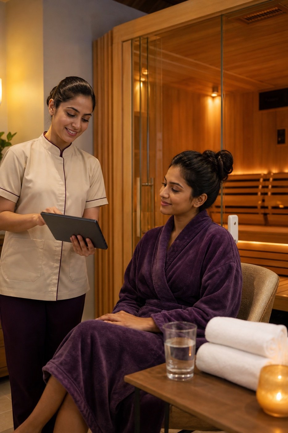 Indian therapist doing a pre-sauna health and comfort check