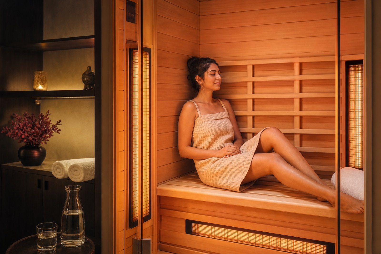 Indian client relaxing inside a private infrared sauna cabin with warm amber panels