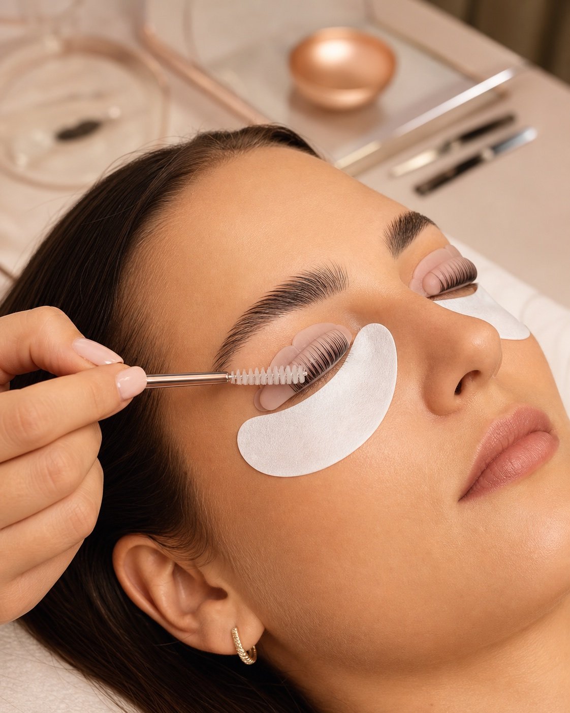 Silicone shield placement during a lash lift at Plum & Sugar