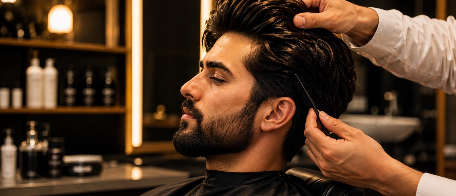 A Plum & Sugar barber styling a client's hair during a men's grooming session at HSR Layout