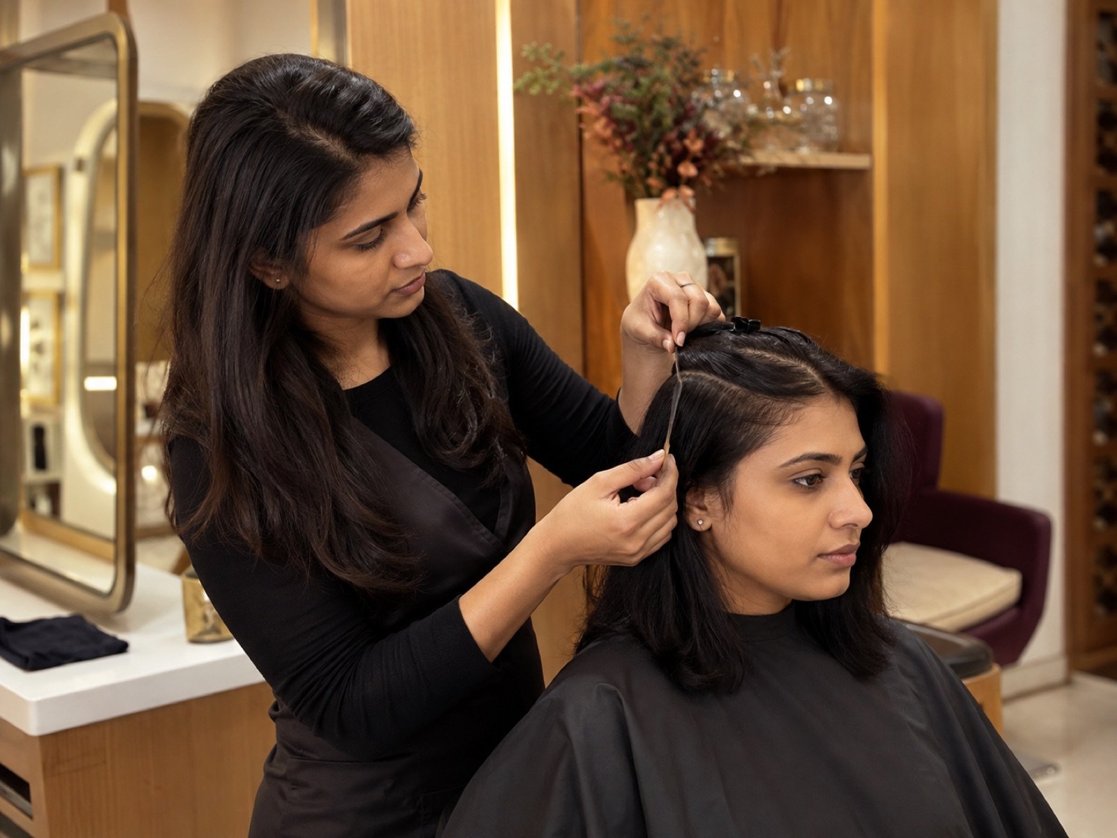 Indian extension specialist assessing fine hair density before micro mini ring placement
